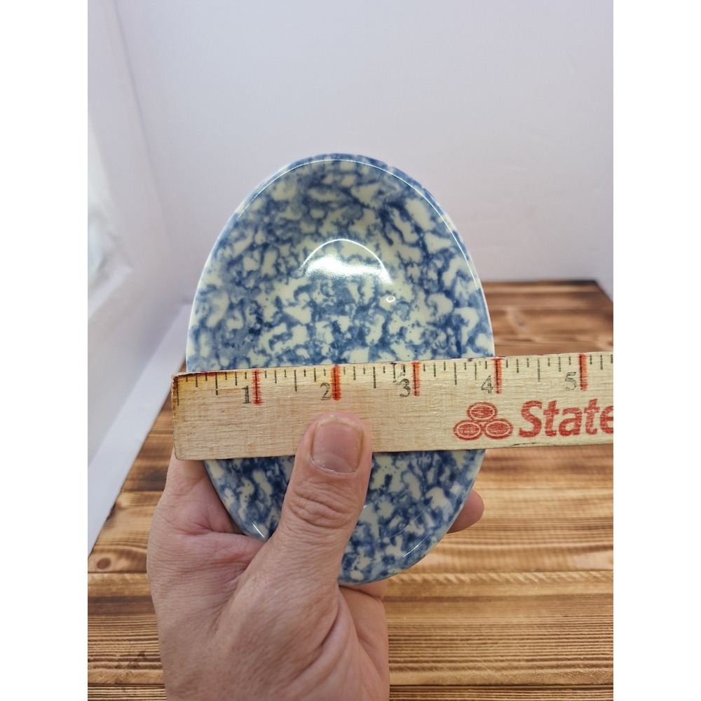 x2 Bel-Terr China BTC USA Blue Spongeware Pottery Circle 92187 Oval 9700 Lot Set - Picture 8 of 10